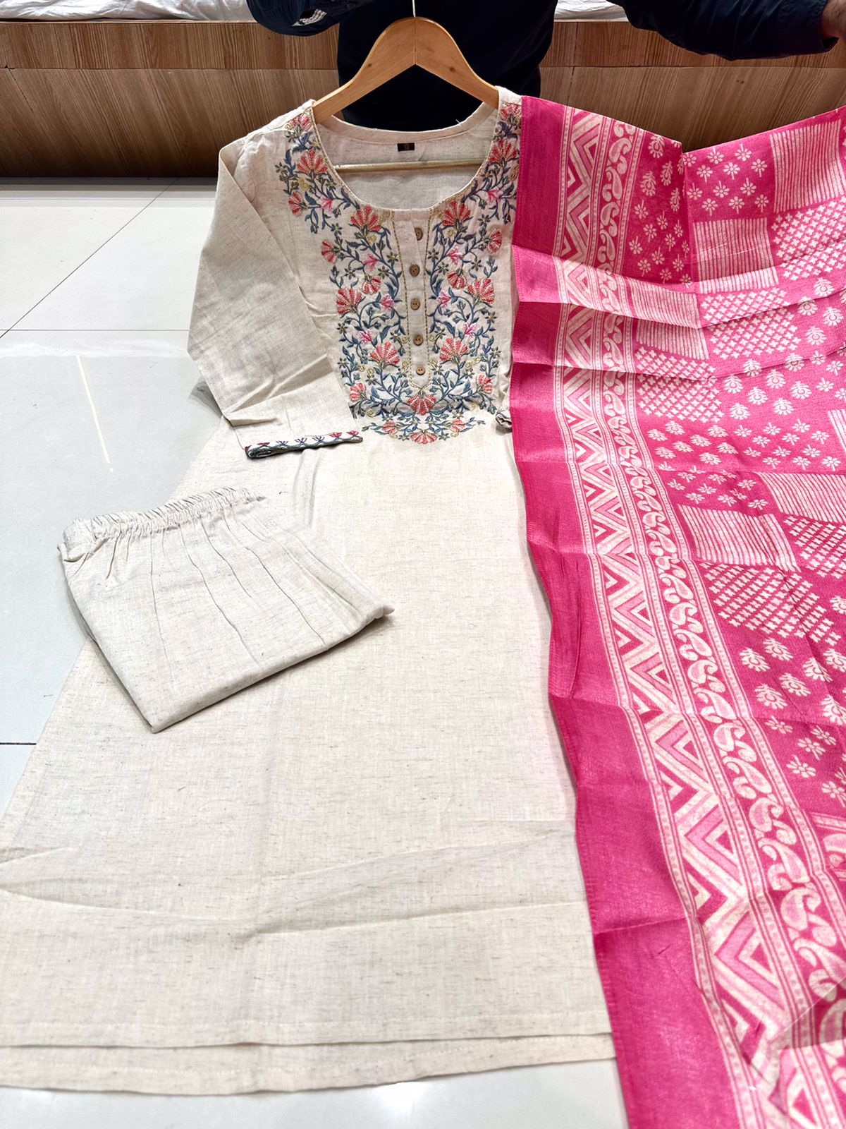 Vt Designer Embroidery Khadi Cotton Kurti With Bottom Dupatta Wholesalers In Delhi
